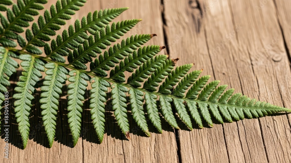 Naklejka premium Fern frond lying across a rough wooden surface; sunlight casting shadows