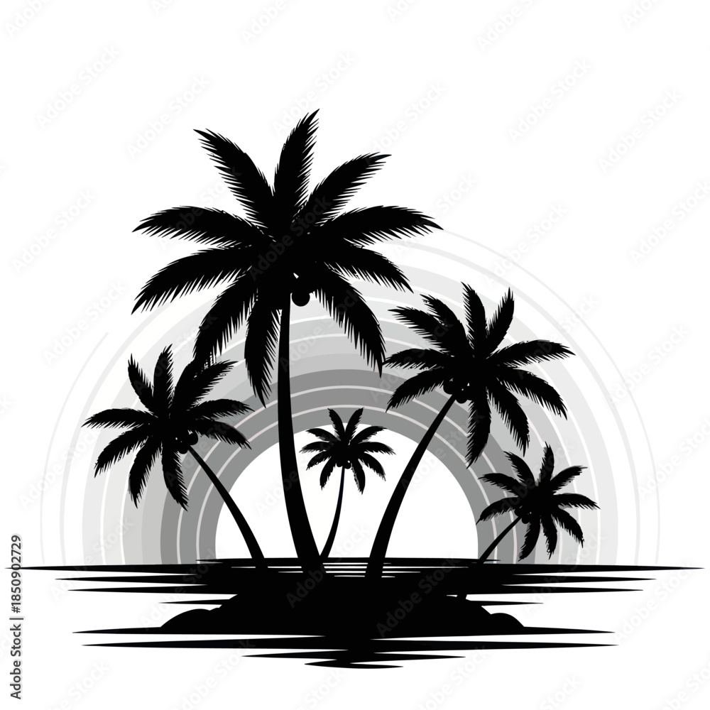 Fototapeta premium Silhouette of Palm Trees on Tropical Island at Sunset.