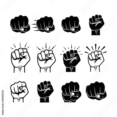 Set of Fist Illustrations Symbolizing Strength and Solidarity.