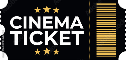 Cinema ticket with stars and barcode graphic design for movie event admission isolated on black background