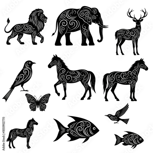 Elegant Animal Silhouettes with Swirling Designs.
