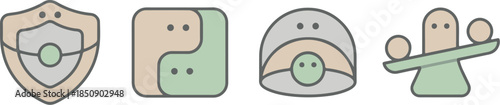 Cute Security and Balance Icon Vector Set. Kawaii Shield, Square Yin Yang, and Justice Scale Symbols.