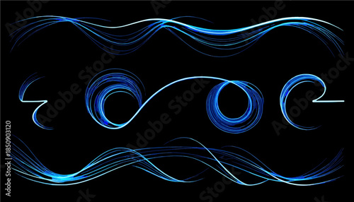 Set of blue neon light curves and abstract cyan glowing lines isolated on light  trasparent background, futuristic energy wave elements, dynamic motion design toolkit