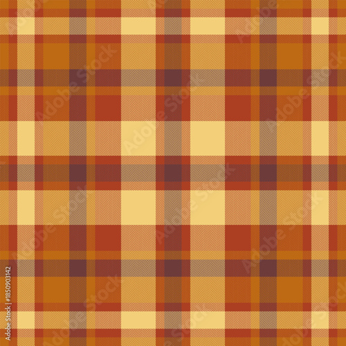 Glen background seamless tartan, workshop pattern textile check. Twill vector fabric plaid texture in red and amber colors.