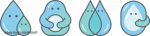 Cute Water Drop Mascot Family Vector Set. Kawaii Blue Droplets Hugging and Care Concepts.