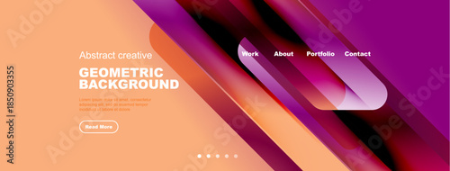 Modern website header design. Orange, purple gradients create abstract geometric shapes. Navigation links present work, about, portfolio, contact.