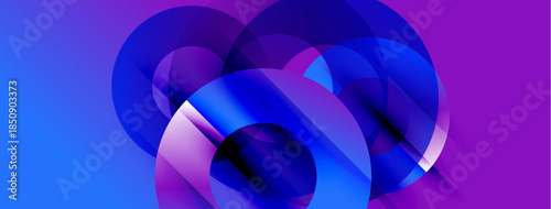 Abstract fluid shapes overlap, creating dynamic purple, blue gradients. Modern design evokes movement, energy, technology.