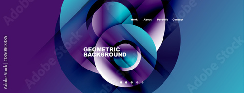 Abstract geometric background. Blue, purple hues blend. Text labels present work, about, portfolio, contact information. Modern design elements visible.