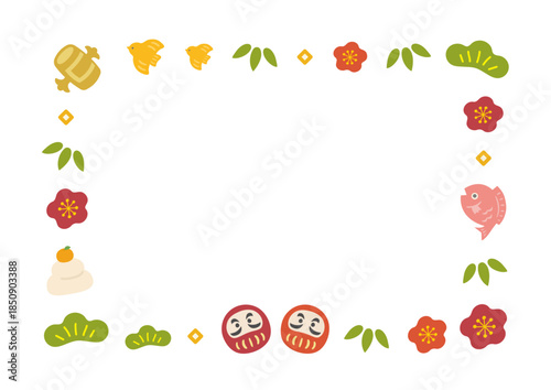 正月や年賀状の和風フレーム、お正月の縁起物とだるまの飾り枠、白背景