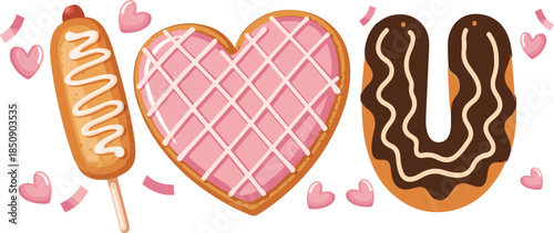 "I Love You" typography made of corn elote and churro illustrations