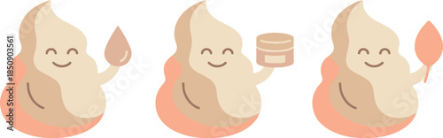 Cute Lotion and Cream Mascot Characters. Kawaii Skincare Soft Serve Shapes Holding Jar and Leaf.