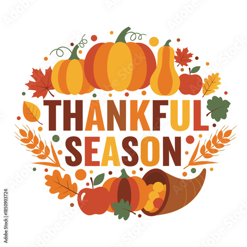 A charming autumnal illustration celebrating the thankful season with vibrant pumpkins, fall leaves, and a bountiful cornucopia, conveying gratitude and harvest joy