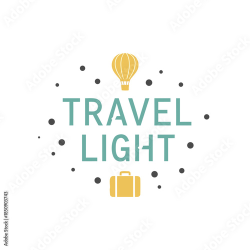 Minimalist graphic illustration symbolizing the concept of traveling light, featuring a hot air balloon and a suitcase, representing effortless journeys, freedom, 