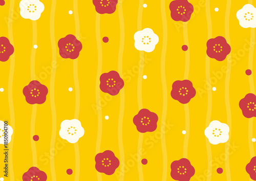 梅の花の背景イラスト、お正月・節分の和風背景 黄色