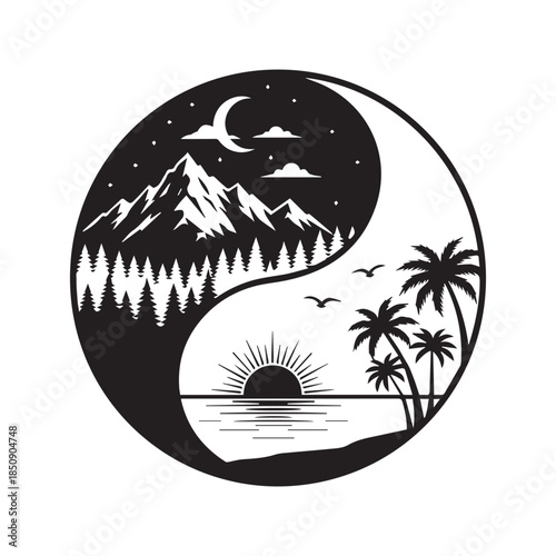 Yin Yang nature landscape vector illustration depicting day and night duality with mountains, forest, moon, beach, palm trees and sun.

