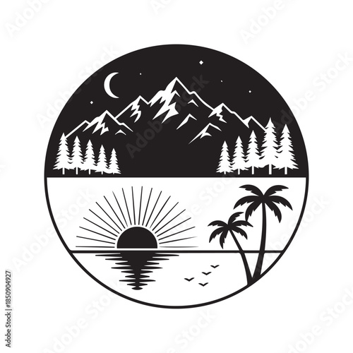 Yin Yang nature landscape vector illustration depicting day and night duality with mountains, forest, moon, beach, palm trees and sun.
