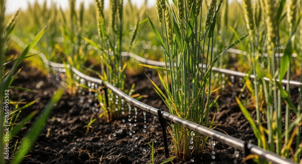 Obraz premium Closeup medium shot highlighting drip irrigation tubes carefully delivering water to the base of lush wheat plants.