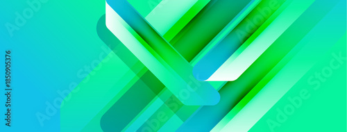 Abstract geometric design. Overlapping lines create dynamic visual effect. Bright greens, blues dominate composition. Modern, clean aesthetic.