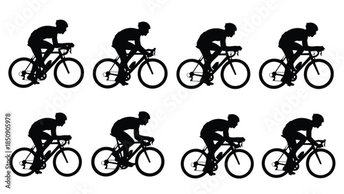 Silhouettes of cyclists in various positions on bicycles isolated on white background vector