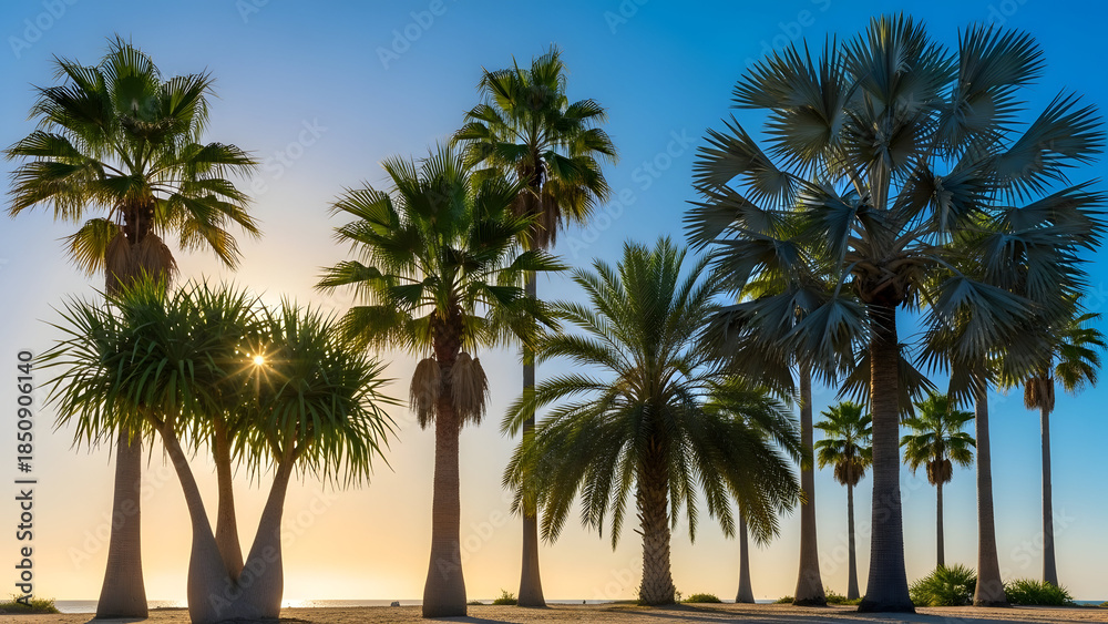 Obraz premium Palm Trees Silhouetted Against a Clear Blue Sky at Sunset.