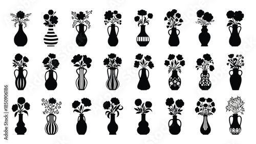 Collection of black silhouette vases with flowers on white background vector