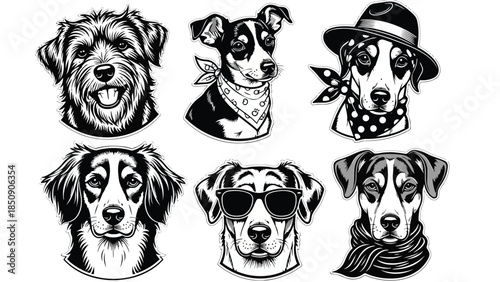 Six black and white dog head illustrations on white background vector