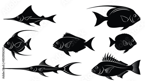 Collection of seven black fish silhouettes on white background vector