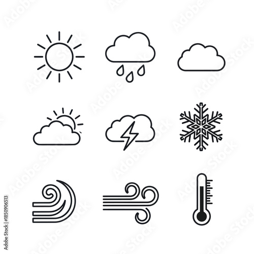 Weather Icons Set Sun Clouds Rain Lightning Snow Wind Thermometer.