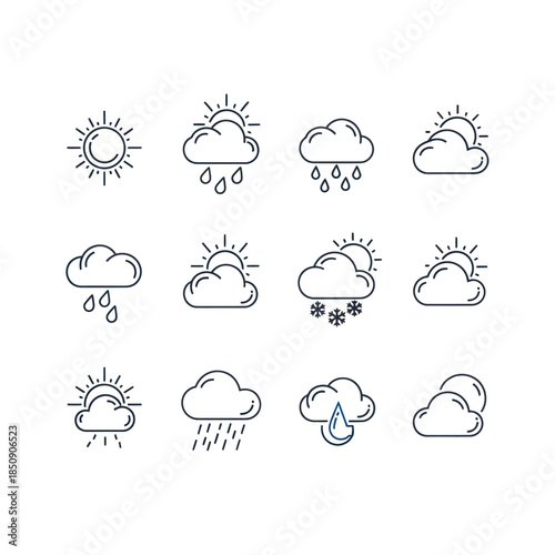 Weather Icons Set Sun Clouds Rain Snow and More.
