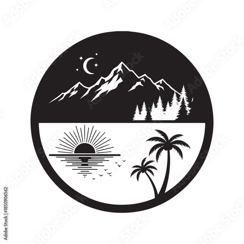 Yin Yang nature landscape vector illustration depicting day and night duality with mountains, forest, moon, beach, palm trees and sun.
