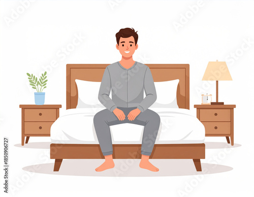 A young man in grey pajamas sitting on a bed in a bedroom, smiling comfortably.