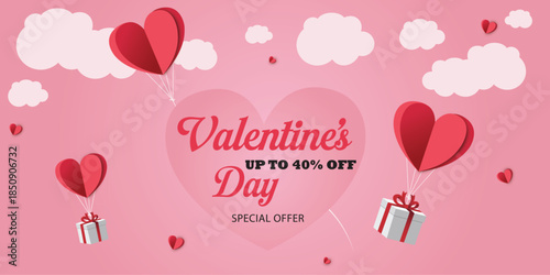 Valentine’s Day Sale Banner with Heart Balloons and Gift Boxes