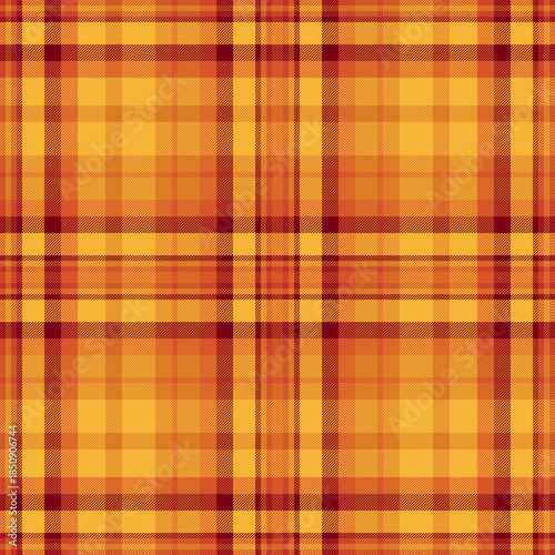 Asymmetric tartan check background, carnival texture pattern vector. Hippie textile seamless plaid fabric in orange and amber colors.