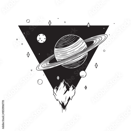 Geometric space vector illustration featuring Saturn, moon, and mountains inside an inverted triangle tattoo design.
