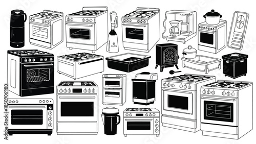 Collection of kitchen appliances and cooking equipment isolated on white background vector