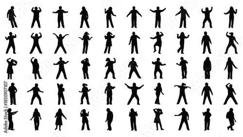 Collection of black human silhouettes in various poses isolated on white background vector
