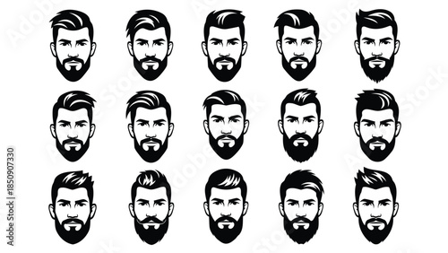 Collection of vector bearded men faces in black and white