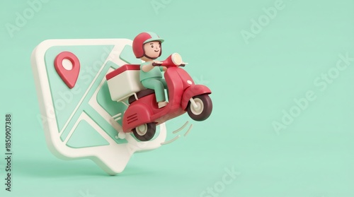 3D cartoon delivery courier riding red scooter out of map location pin