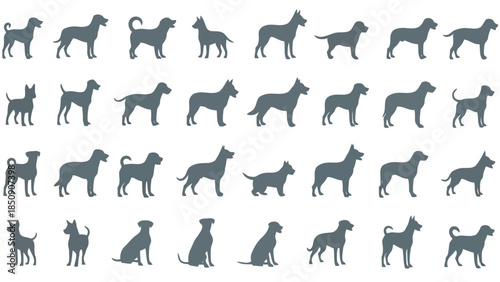 Collection of various dog breeds in gray silhouette on white background vector