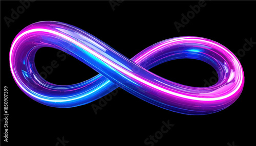 Futuristic neon light trails forming a 3D infinity knot isolated on light background, abstract blue and pink glowing motion loop, high-tech eternity symbol design element svg trasparent background png