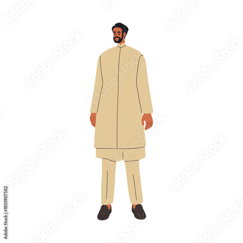 Indian man, groom standing in traditional wedding attire, ethnic national sherwani clothes. Bridegroom from India in kurta and pajama trousers. Flat vector illustration isolated on white background