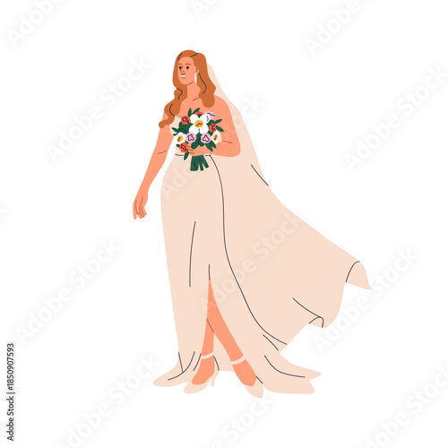 Bride, happy woman in elegant wedding gown, dress, long veil, holding flower ...