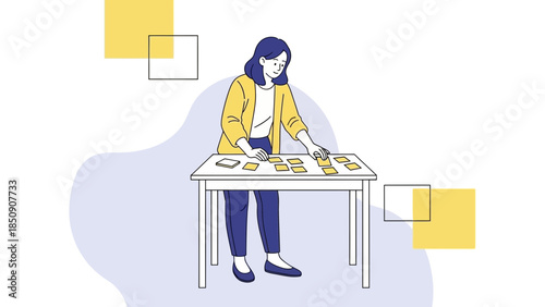 illustration of a woman organizing sticky notes on a desk with a modern minimalist style, focusing