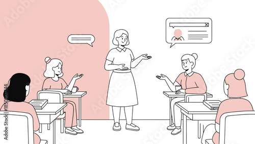 Digital Learning Environment with Female Teacher and Students Engaged in Classroom Discussion