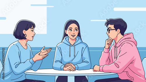 Casual conversation among three friends sitting at a table outdoors during daytime