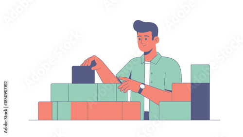 Young man stacking colorful blocks creating a modern construction or creative project