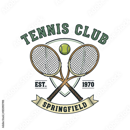 Vintage Tennis Club Logo with Rackets and Ball.