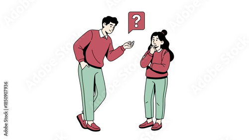 Illustration of a man asking a woman a question with a speech bubble showing a question mark