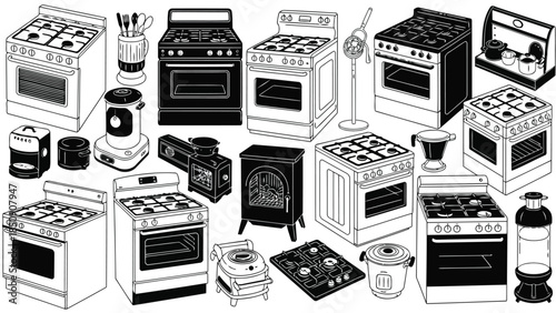 Collection of kitchen appliances and cooking equipment in black and white vector