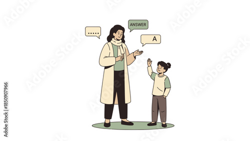 Engaging educational interaction between a teacher and a young student discussing answers with